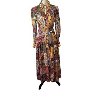 MOTF Boho Patchwork Puff Long Sleeve Button Front Retro Maxi Dress S